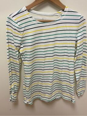 Talbots Striped Long-Sleeve Crewneck Top in White with Yellow & Green Stripes